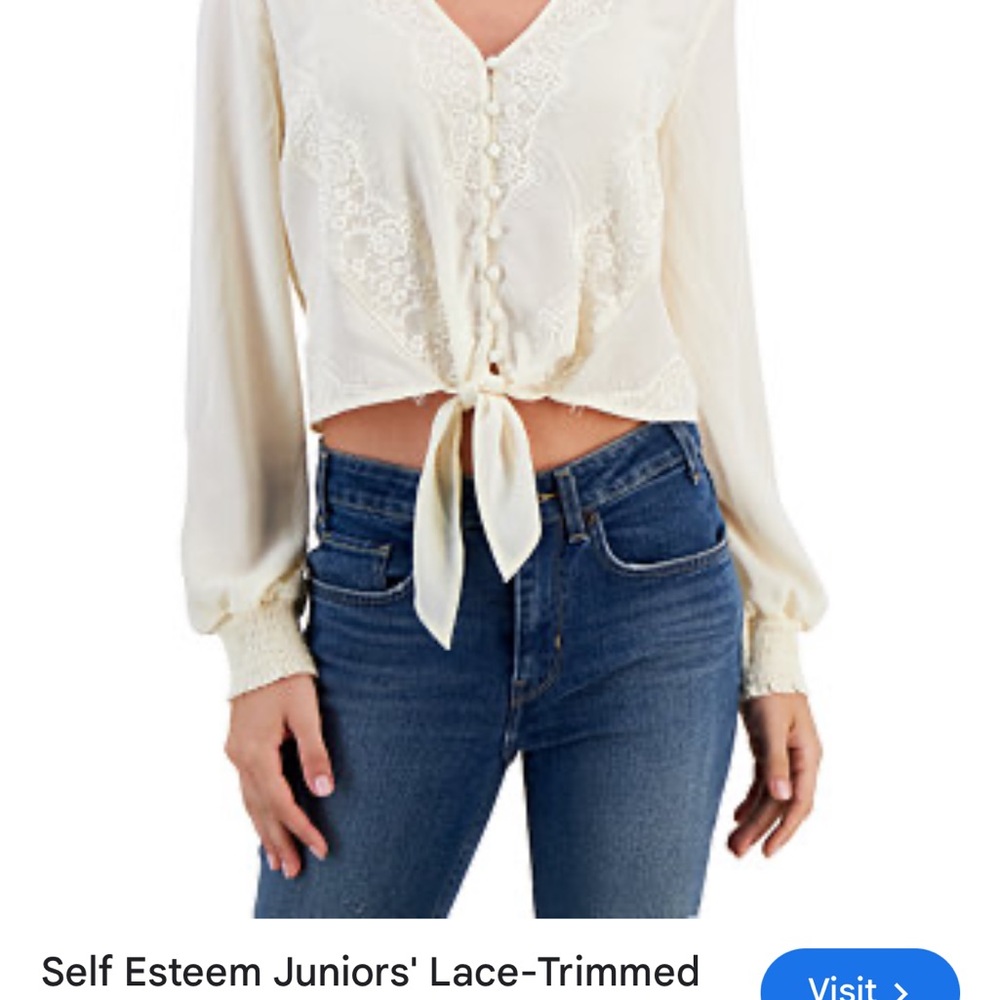Self Esteem Cream Lace-Trimmed Tie-Front Blouse